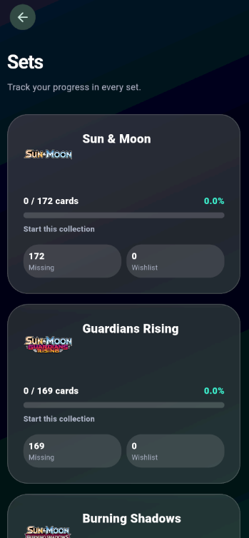 Tela de sets do GradingFy mostrando progresso de coleções como Sun & Moon