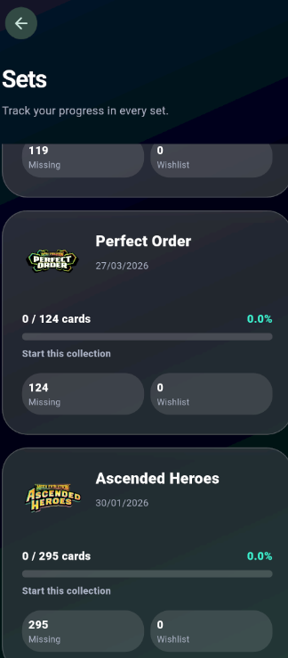 Tela de busca de coleções do GradingFy com Pokémon, One Piece, Magic e outros TCGs